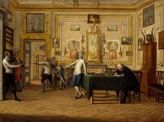 Fig. 9. Painting titled, “Kenneth Mackenzie, 1st Earl of Seaforth 1744-1781 at home in Naples: fencing scene” by Pietro Fabris, 1771. From the Scottish National Portrait Gallery. https://art.nationalgalleries.org/art-and-artists/8219/kenneth-mackenzie-1st-earl-seaforth-1744-1781-home-naples-fencing-scene-1771