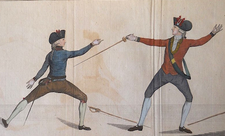 Le croisé d’epeé après la parade du contre de quarte, qui forme le désarmement. The crossing of the sword after the counter in carte parade which forms the disarm.