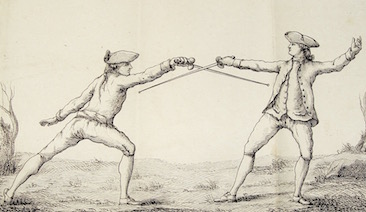 The parry of seconde on the attack in seconde ancienne. Danet, Guillaume. L’art des armes. Tome premier. Paris, 1766. The parry of seconde on the attack in seconde ancienne. Danet, Guillaume. L’art des armes. Tome premier. Paris, 1766.