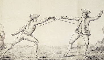 The parry of seconde on the attack in seconde ancienne. Danet, Guillaume. L’art des armes. Tome premier. Paris, 1766.