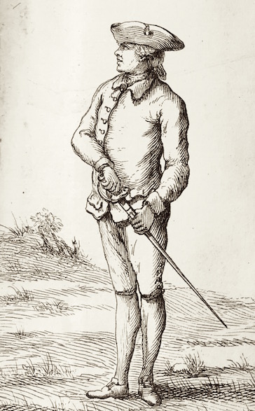 First Position (before drawing the sword. Danet, Guillaume. L’art des armes. Tome premier. Paris, 1766.